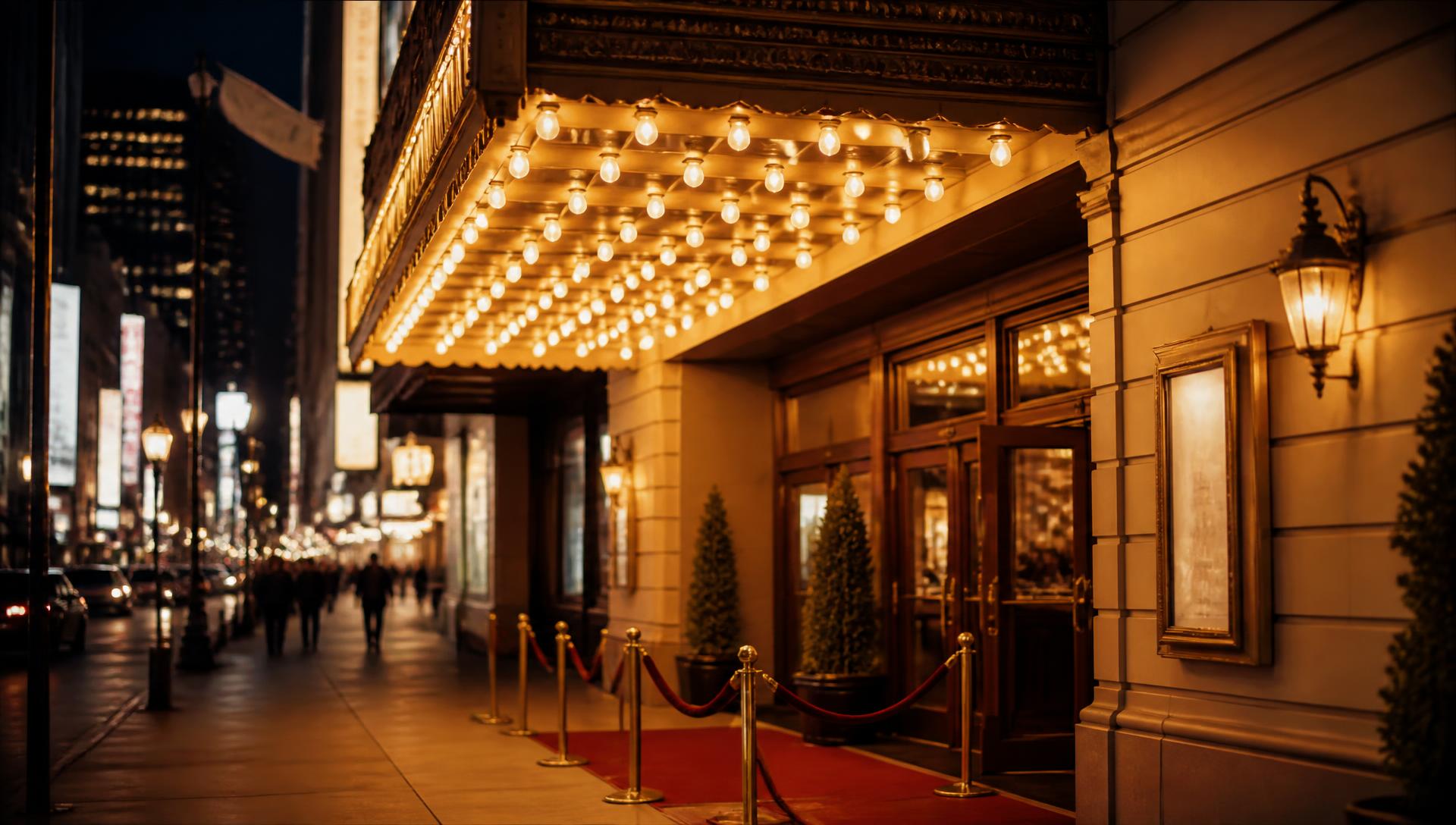 Broadway theater marquee glowing at dusk in New York City