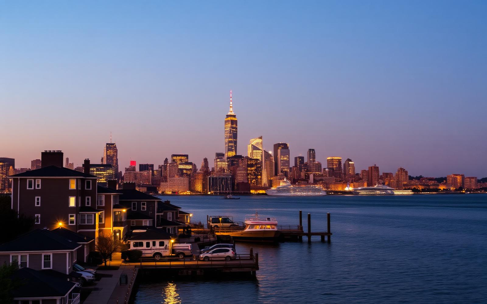 New Jersey waterfront neighborhood with the Manhattan skyline across the Hudson River