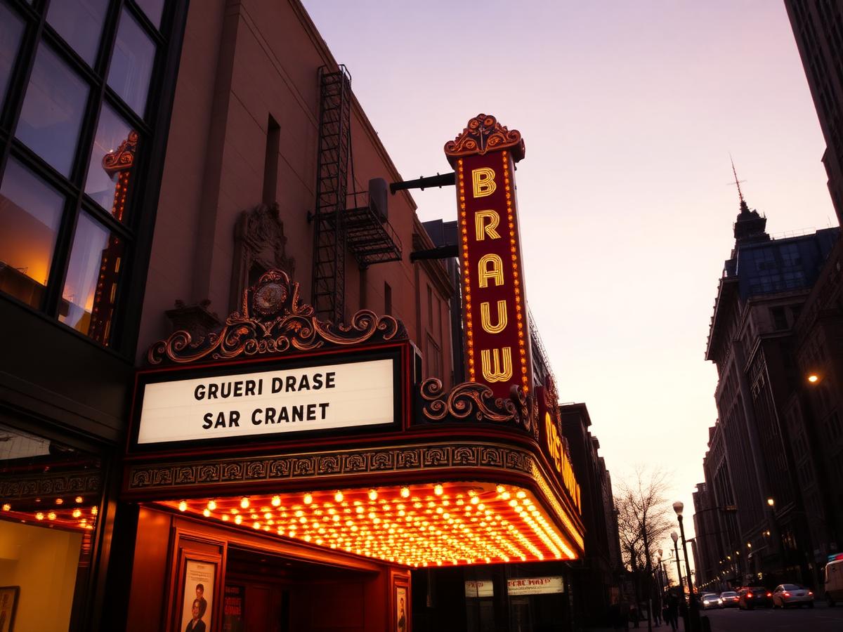 Broadway theatre marquee glowing at dusk