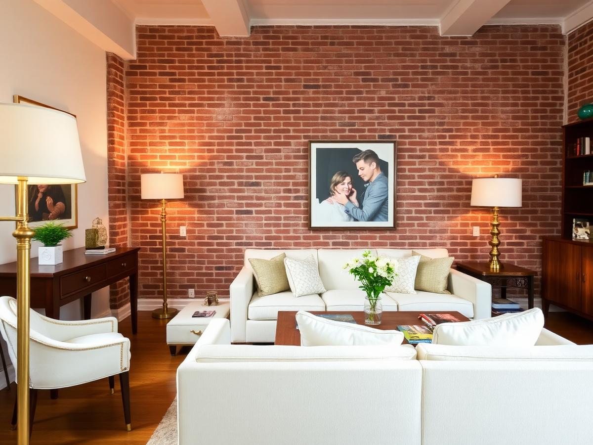 Interior with exposed brick and warm lighting