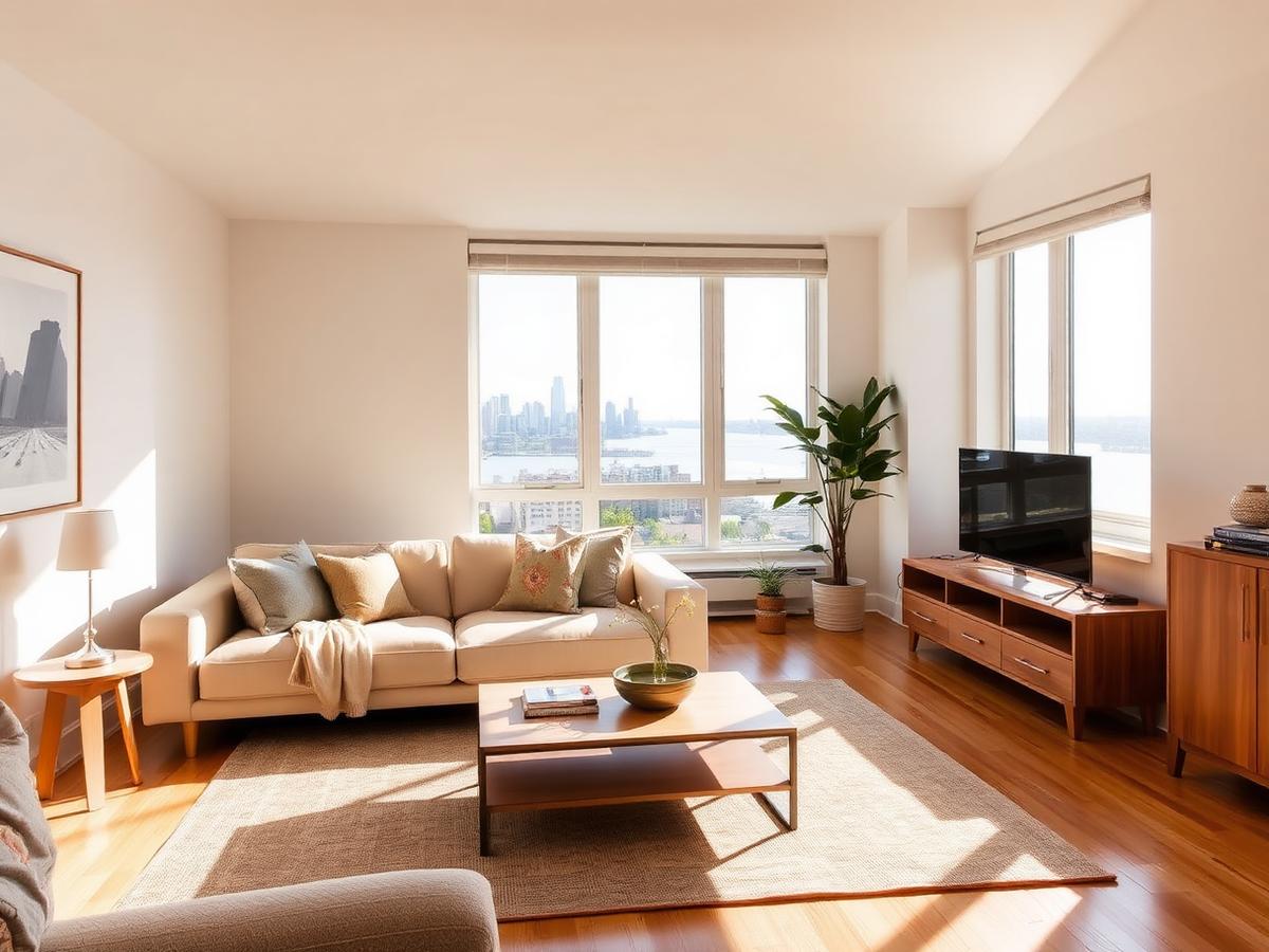 Furnished living room with warm neutral furniture and natural light