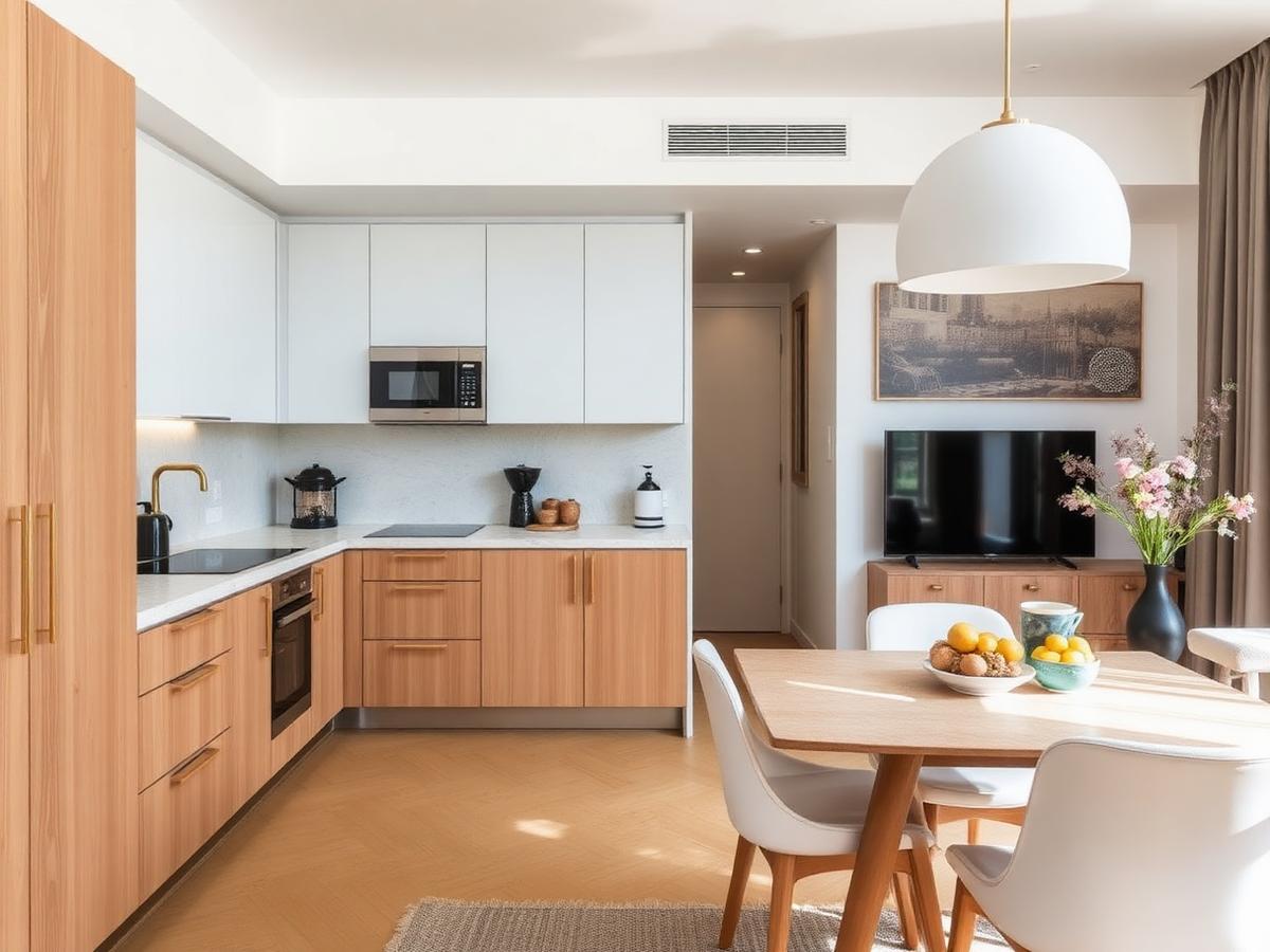 Fully equipped kitchen with warm wood cabinetry