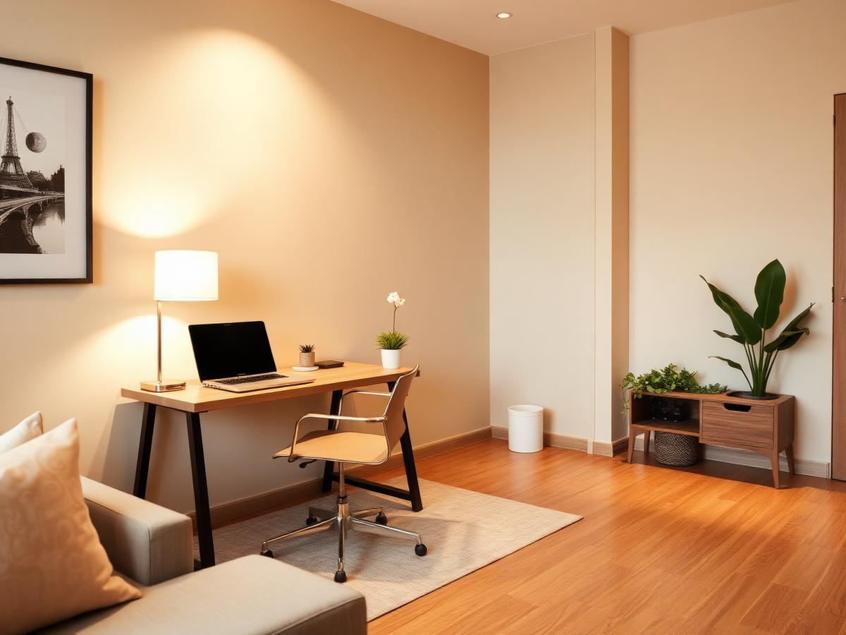 Compact furnished studio with a dedicated desk